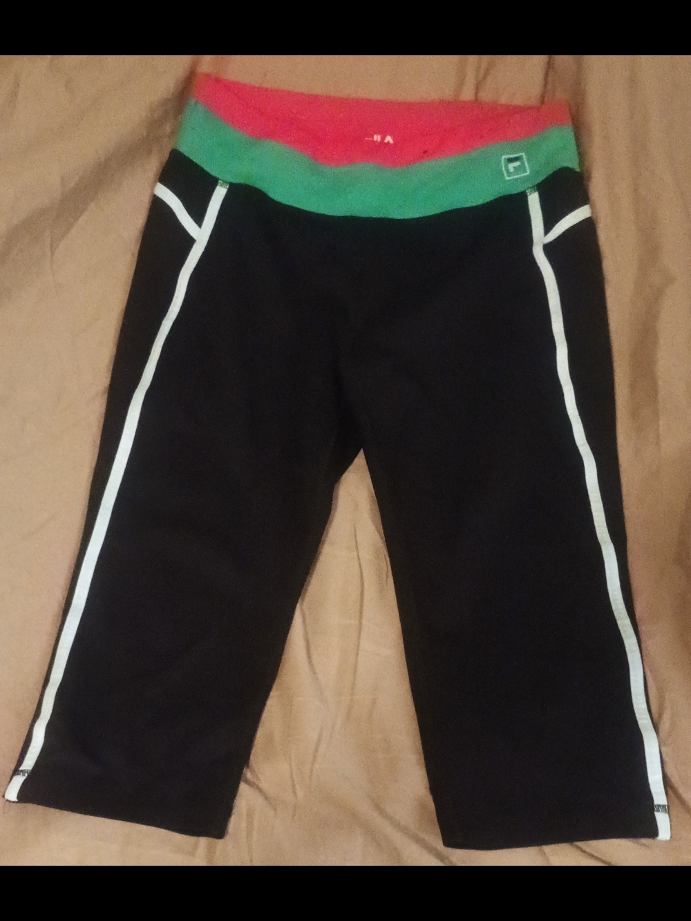 Fila Black Capri Leggings with Pink and Green Waistband